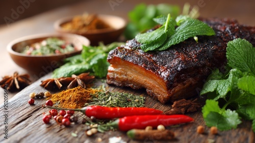 Juicy Crispy Pork Belly with Fresh Mint, Spicy Chili and Assorted Herbs on Rustic Wooden Table Surrounded by Bowls of Colorful Spices