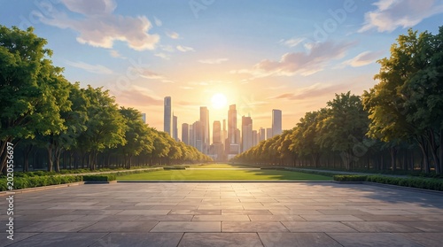 A scenic view of a modern city skyline at sunset, framed by lush trees and a stone-paved plaza leading to a peaceful green park.