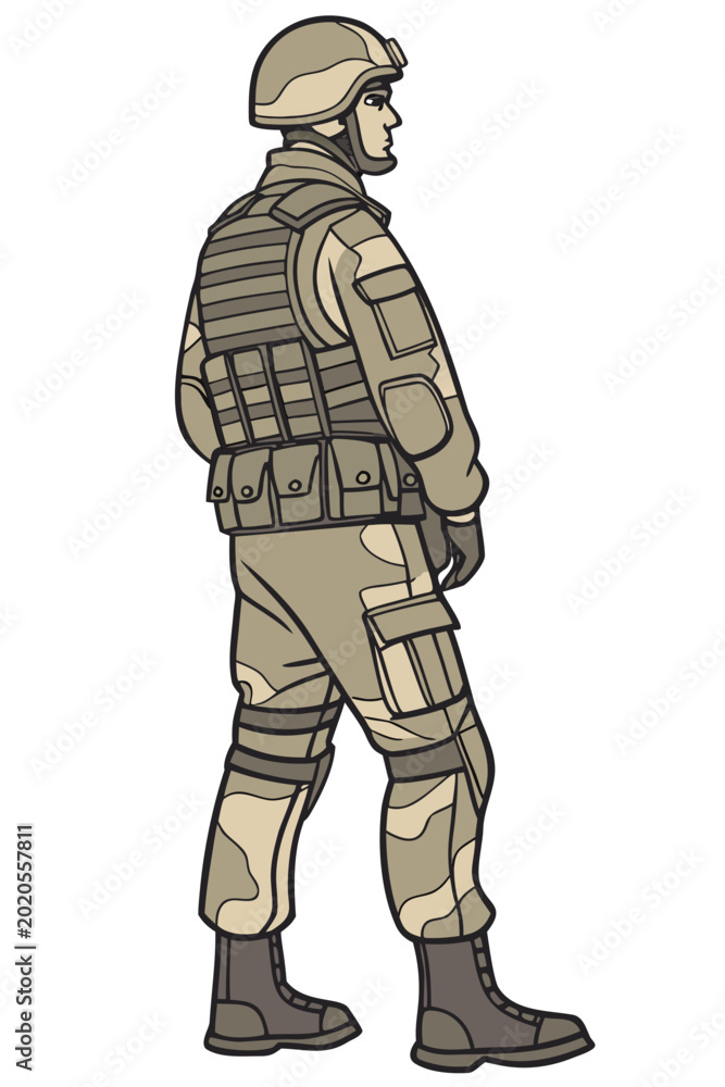 Fototapeta premium Illustration of a soldier standing in full tactical combat gear side view