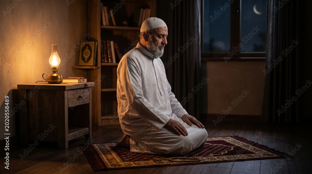 Fototapeta premium Peaceful Tahajjud prayer scene with elderly Muslim man praying at night by lantern light