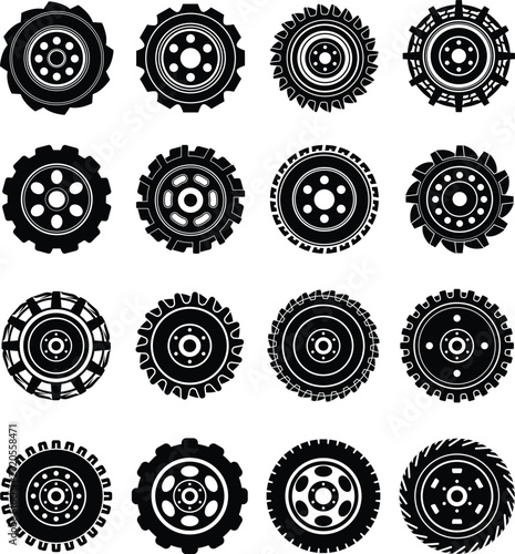 Tableau sur toile Set of industrial gear and mechanical wheel icons in black silhouette