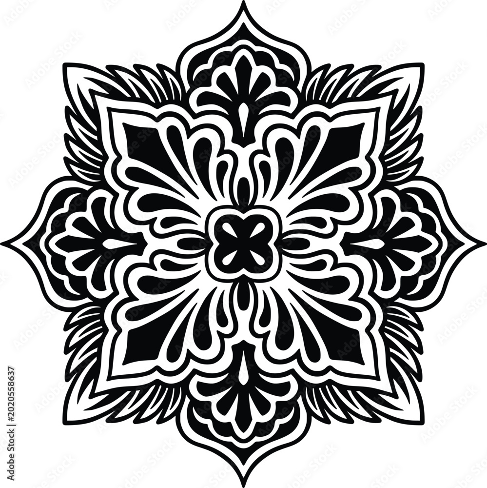 Ταπετσαρία Intricate black and white symmetrical ornamental design with floral and foliate motifs, resembling a decorative mandala or abstract pattern
