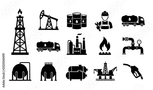 Bild auf Leinwand Minimal petroleum and natural gas silhouette icon set industrial energy vector i
