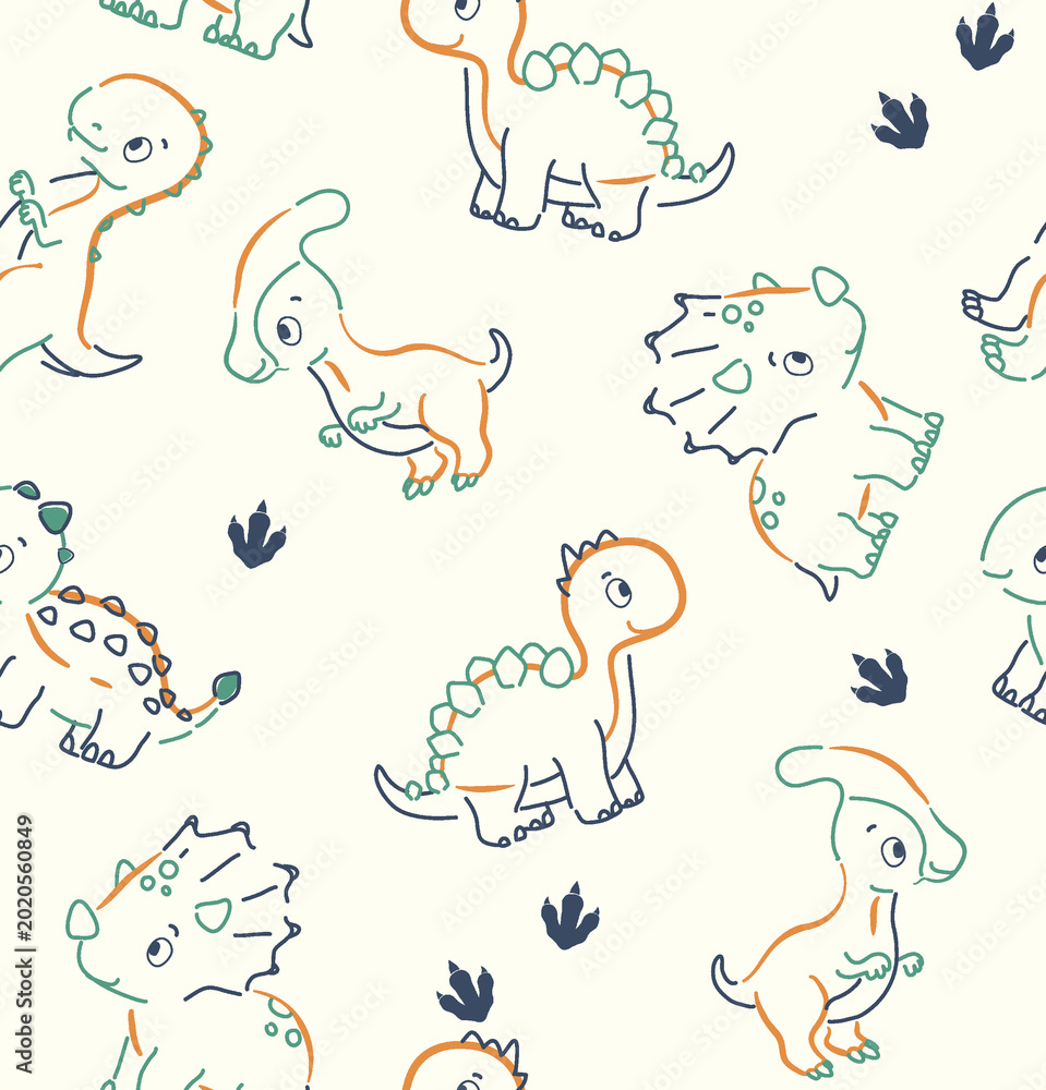 Obraz premium Seamless pattern with dinos and clouds featuring a cute cartoon animal vector set of sketches including cute dinosaurs with different ki in a doodle art style illustration for baby design