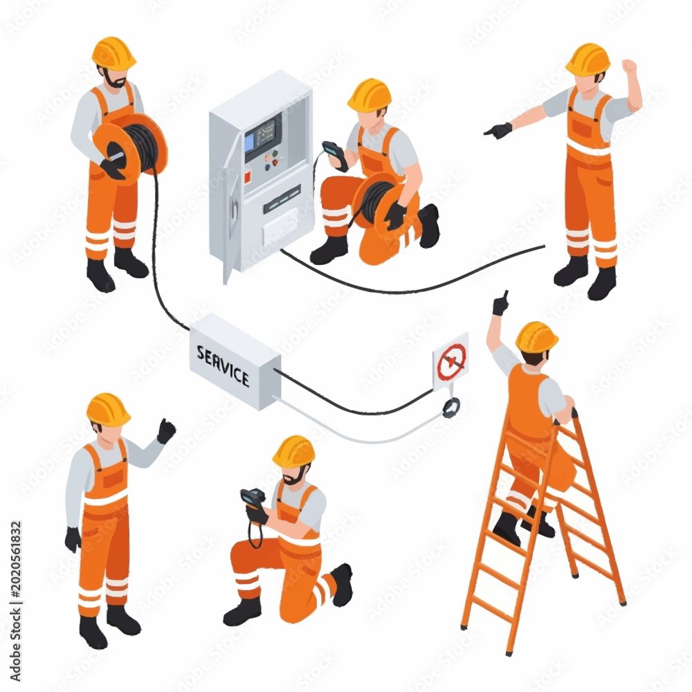 Fotografie Electricians working together on electrical installation project.