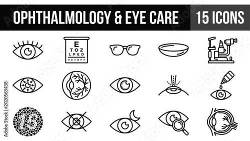 Bild auf Leinwand Ophthalmology and Eye Care Icons Set: Vision, Optics, and Medical Instruments