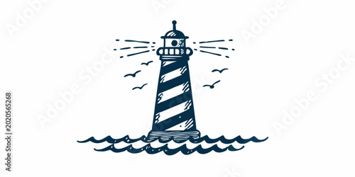 Photos Lighthouse illustration with striped tower and waves isolated on white
