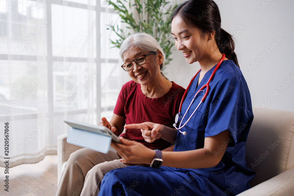 Εκτύπωση καμβά Healthcare professional and senior patient sitting on a couch, discussing medica