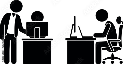 Tableau sur toile Professional meeting illustration with person assisting seated colleague at comp