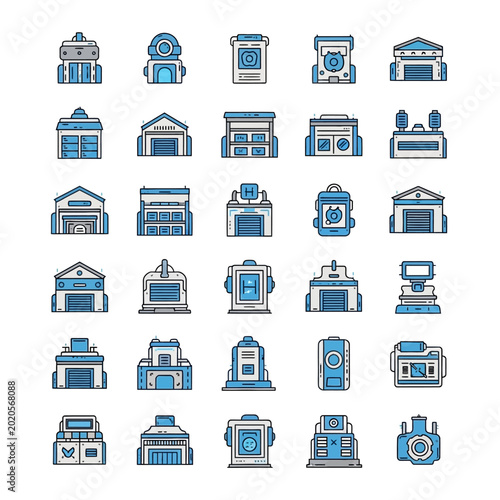 Collection of Industrial Building Icons Representing Various Structures.