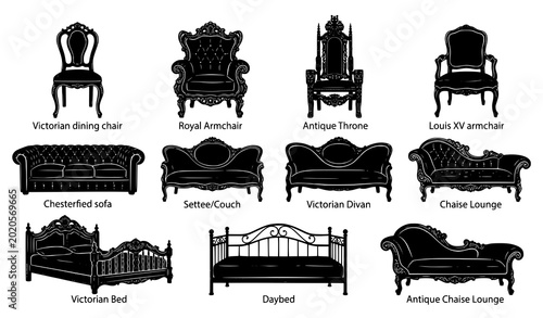 Canvastavla Vintage Hand Drawn Furniture Silhouette Set with Chair Armchair Throne Sofa Couc