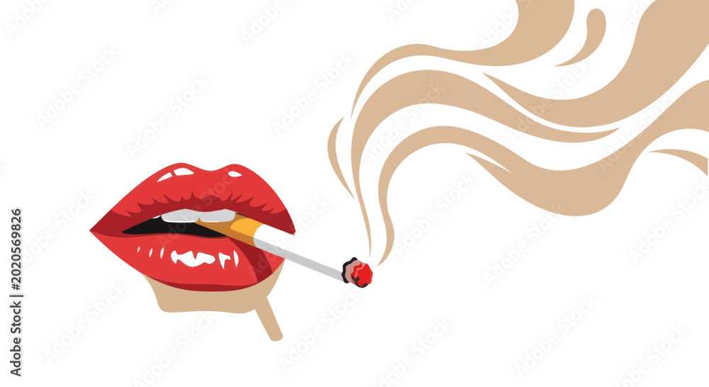 Εκτύπωση καμβά Glamorous Red Lips Smoking Cigarette with Smoke Swirls