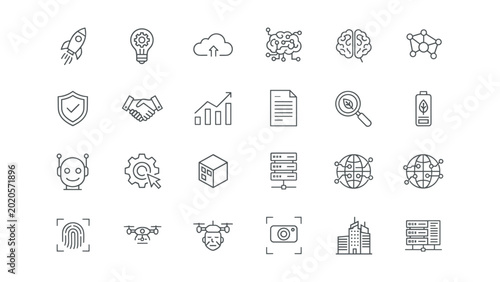 Collection of artificial intelligence and advanced technology linear icons featuring brain circuits robotic heads rocket launches data servers and cybersecurity symbols for modern software development