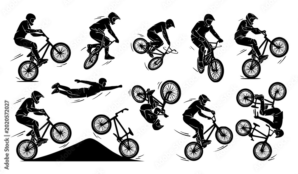 Fototapeta premium BMX freestyle rider silhouette vector set with extreme bicycle stunt illustrations isolated on white background