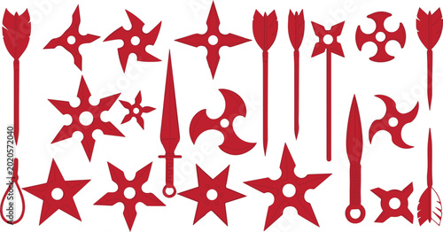 Bild auf Leinwand Shuriken collection features various red throwing stars and traditional Japanese bladed weapons arranged on a plain white background
