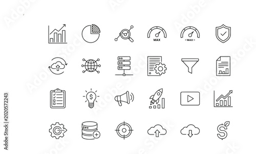 Fotografi Modern linear icons for health wellness and technology concepts set against a cl
