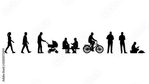 Canvas Print Minimal human activity silhouettes walking cycling stroller push lifestyle seque