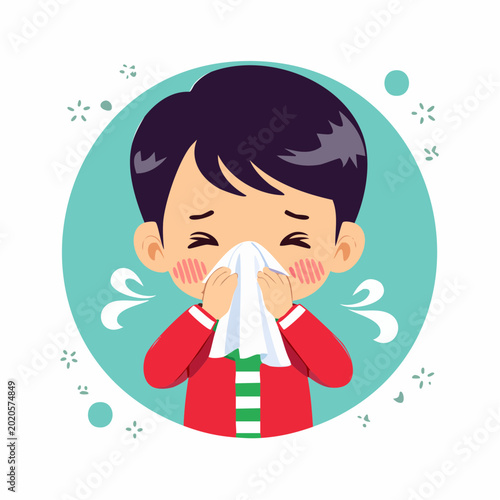 Cartoon Boy Blowing Nose with Tissue