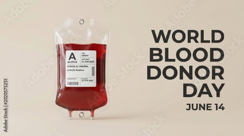 World Blood Donor Day concept with medical blood bag, June 14 awareness banner, red plasma donation bag on beige background