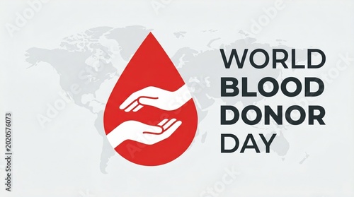 World Blood Donor Day banner, red blood drop with care hands icon, global medical awareness poster with world map background