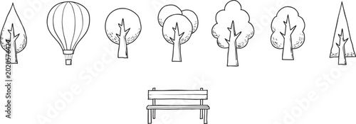 Set of sketch style trees and park wooden bench for outdoor design.