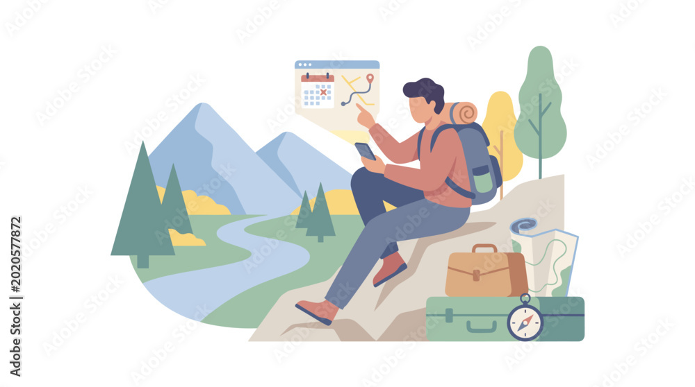 Fototapeta premium Outdoor traveler with map and notebook amid mountain scenery.