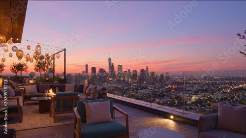 Rooftop Lounge with Golden Hour City Glow