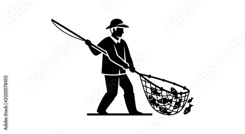 Fotografie Fisherman uses a large net to scoop fish from the water to illustrate the manual labor of traditional aquatic harvesting