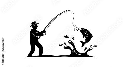 Принти на полотні Angler holding a fishing rod catches a leaping fish from the water to depict recreational sport fishing and outdoor hobby