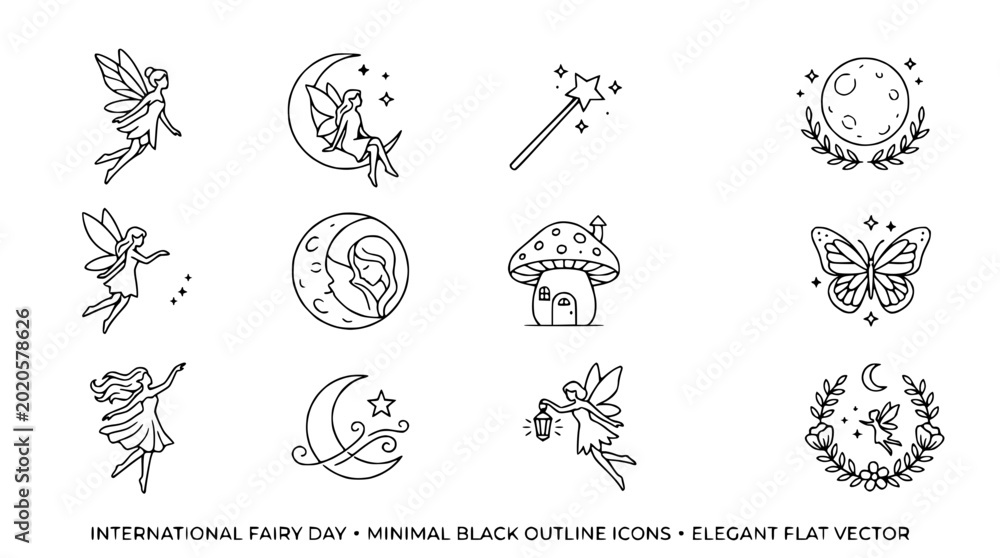 Αυτοκόλλητο Minimalist Fairy Icons: Moon, Stars, Mushroom, Butterfly, Wand & More - Black Ou