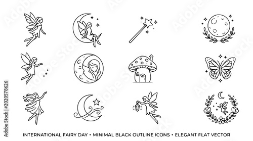 Photos Minimalist Fairy Icons: Moon, Stars, Mushroom, Butterfly, Wand & More - Black Ou