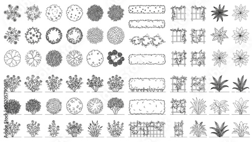 Botanical Blueprint: A meticulously drawn collection of various trees, shrubs, and floral arrangements, perfect for architectural plans or landscape designs. CAD Blocks Architectural Icon Sheet Vector