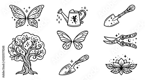 Foto Whimsical Garden Elements: Butterfly Wings, Fairy Watering Can, Tree, Shovels, P