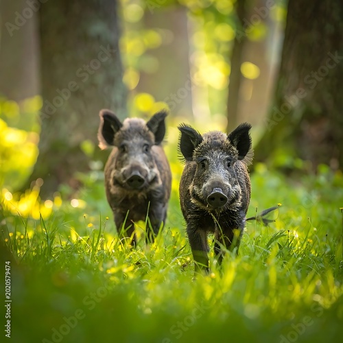 Two young wild boars in forest.