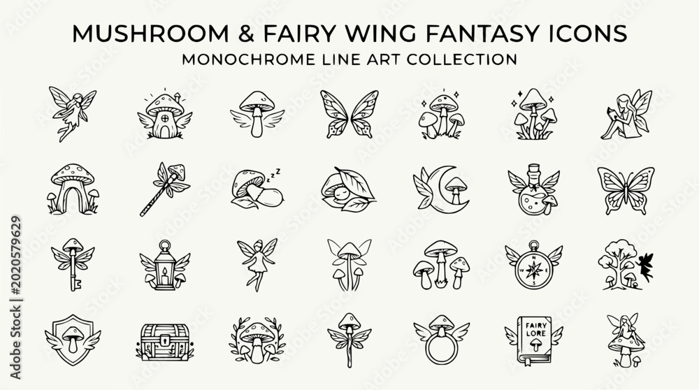 Fototapeta premium Monochrome Fantasy Icons: Mushroom & Fairy Wing Line Art Collection