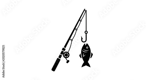 Billede på lærred Fishing rod catches a fish on the hook in this simple graphic illustration representing angling sports