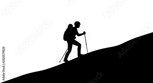 Photos Hiker walks uphill using trekking poles while carrying a heavy backpack in this outdoor adventure silhouette