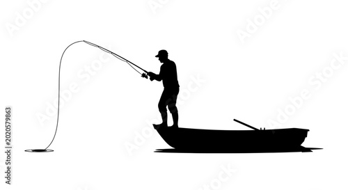 Canvas Print Fisherman balances on the edge of a small rowboat while holding a fishing rod over the water