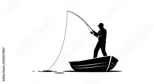 Photography Fisherman stands inside a small wooden boat while casting a long fishing line into the water
