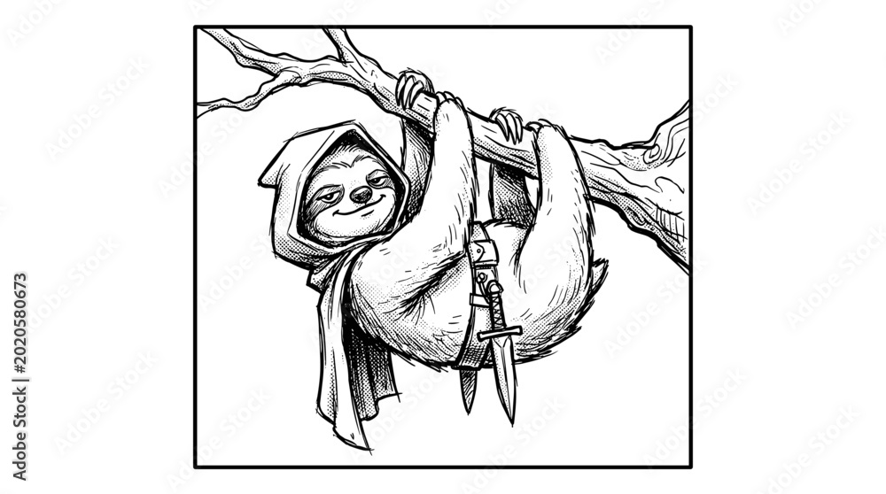 Obraz premium Sloth assassin wearing a hood and holding a dagger.