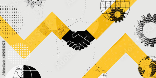 handshake illustration with gears and globes abstract business concept