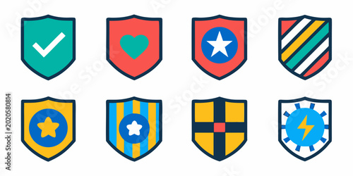 Foto shield icons a set of eight colorful shield badges on white