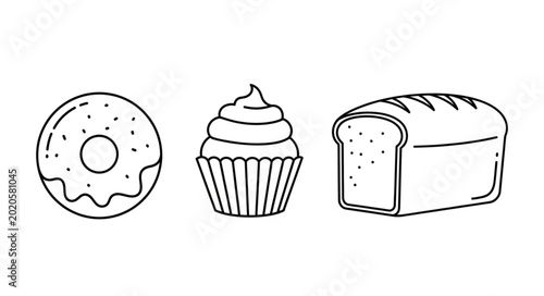 Obraz na płótnie Simple Line Drawing of a Donut Cupcake and Bread Loaf.