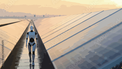 Futuristic robot walking through a vast solar farm at sunrise reflecting innovation and renewable energy.