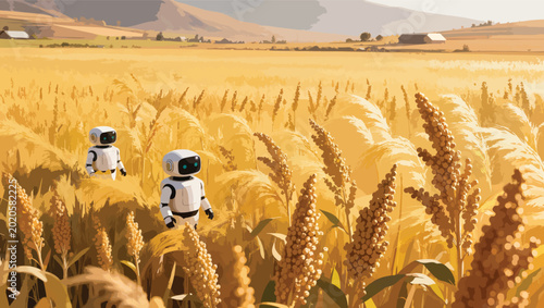 Two robots navigating through a golden field of ripe sorghum crops at sunset robots.