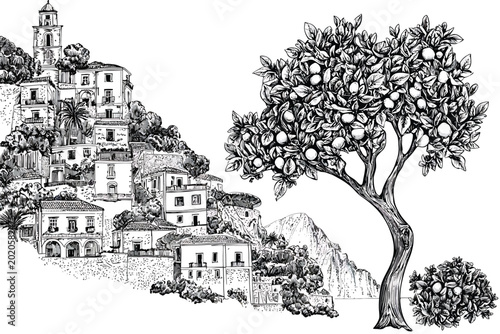 Hand Drawn Sketch of Italian Hillside Village with Orange Tree Vector Illustration on White Background.