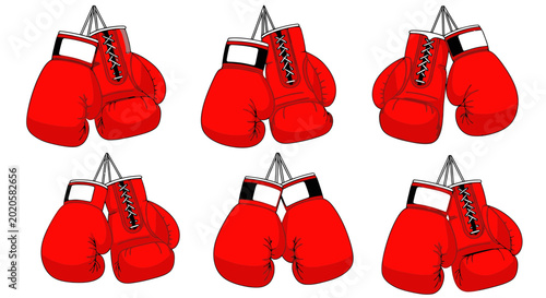 Fotografie Red Boxing Gloves Hanging, Sports Equipment, Fight, Training, Combat