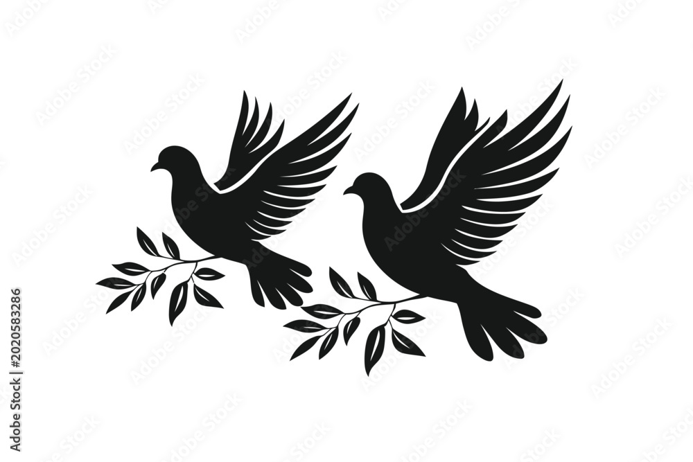 Obraz premium Two Silhouette Doves Carrying Olive Branches Symbolizing Peace and Hope Vector Illustration on White Background.
