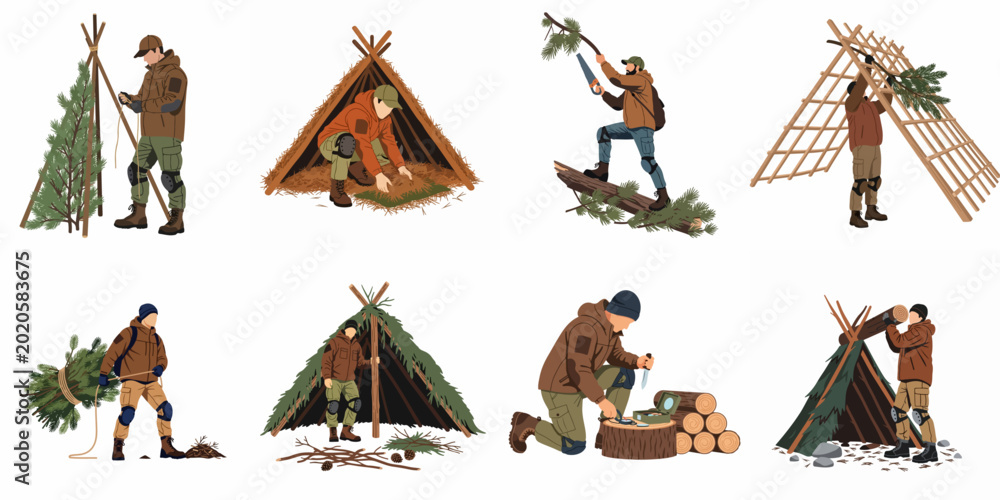 Φωτογραφία Flat vector illustration set showing various steps and methods for building wilderness survival shelters, bushcraft skills, and outdoor primitive living