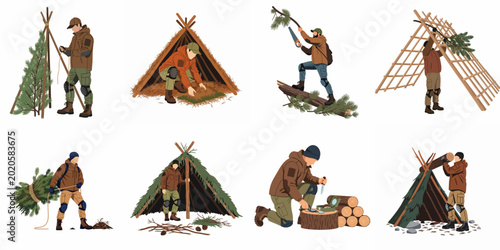 Schilderij op canvas Flat vector illustration set showing various steps and methods for building wilderness survival shelters, bushcraft skills, and outdoor primitive living